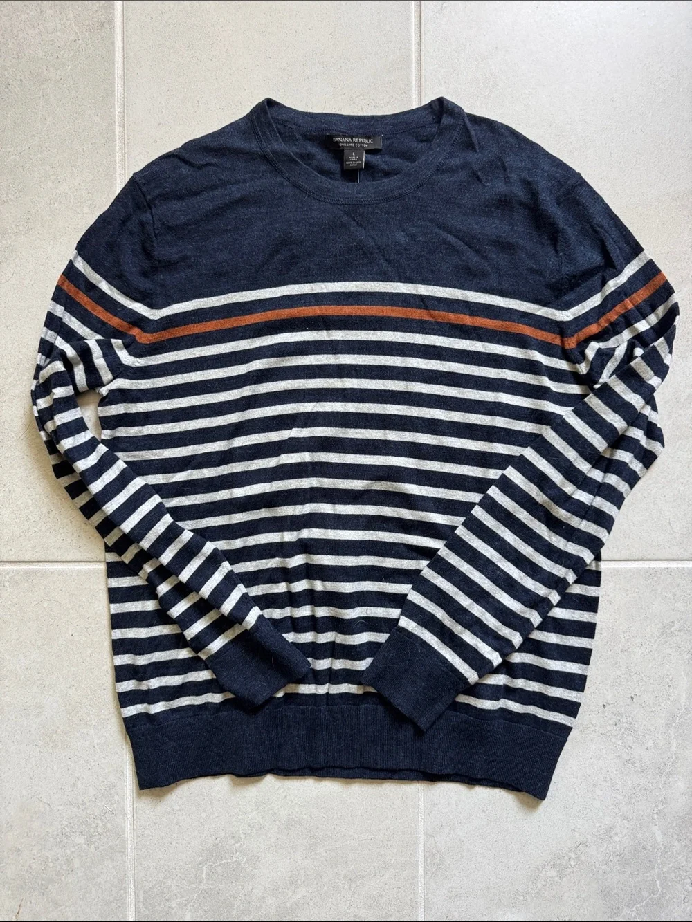 Banana Republic Navy and White Striped Crewneck Sweater with Rust Stripe